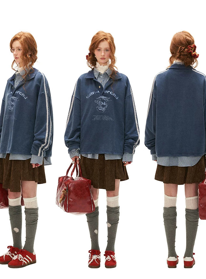 Washed Lace Polo Sweatshirt