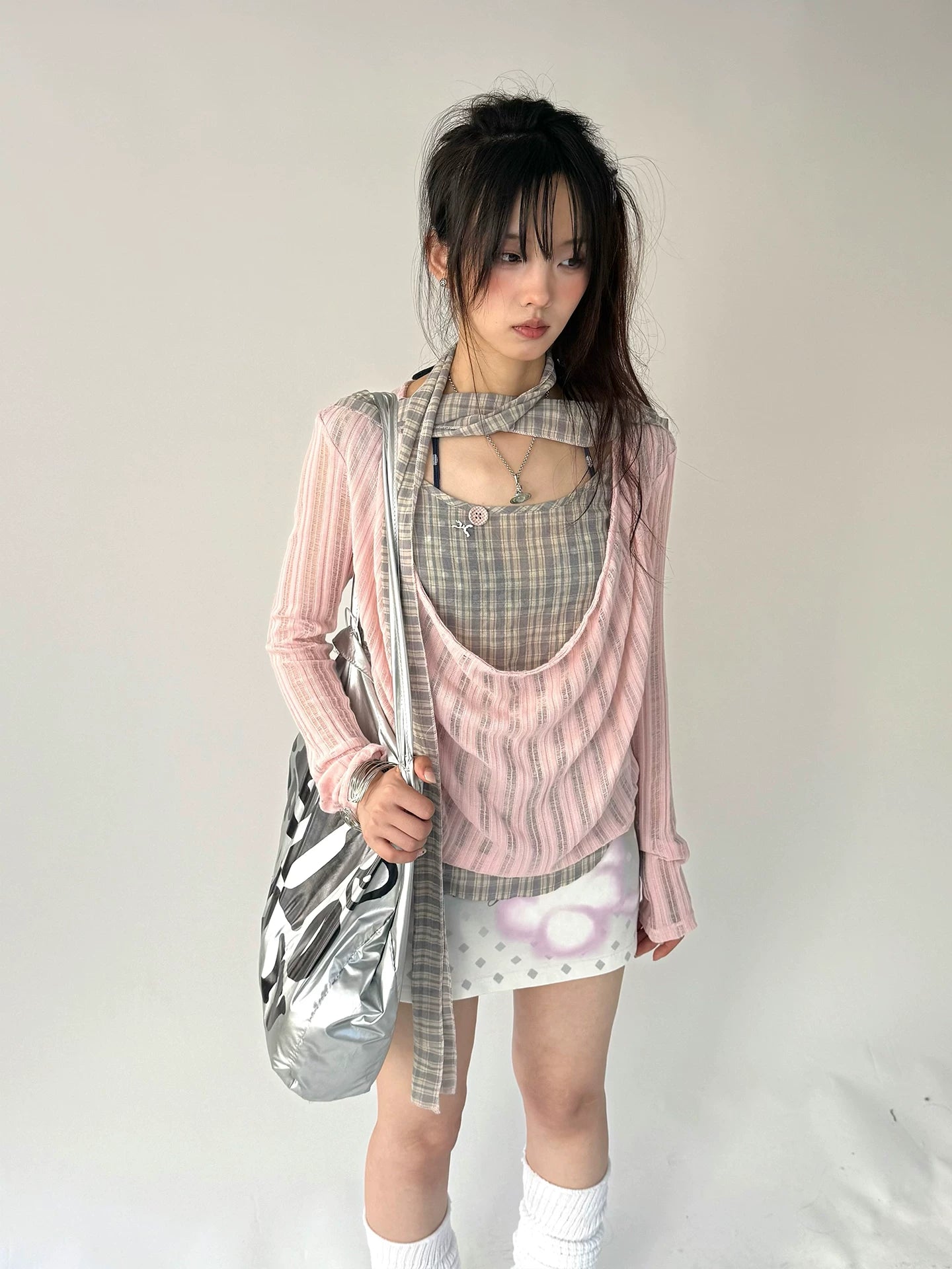 Plaid Ripped Fake Layered Long Sleeve T-Shirt