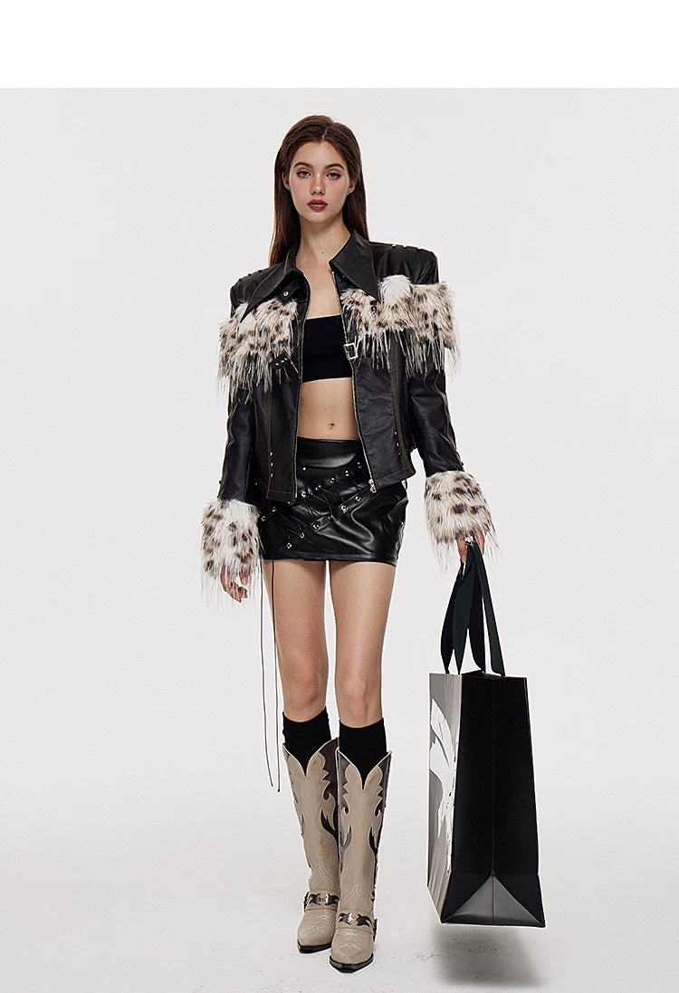 Fake Fur Patchwork Lined Thick PU Leather Jacket