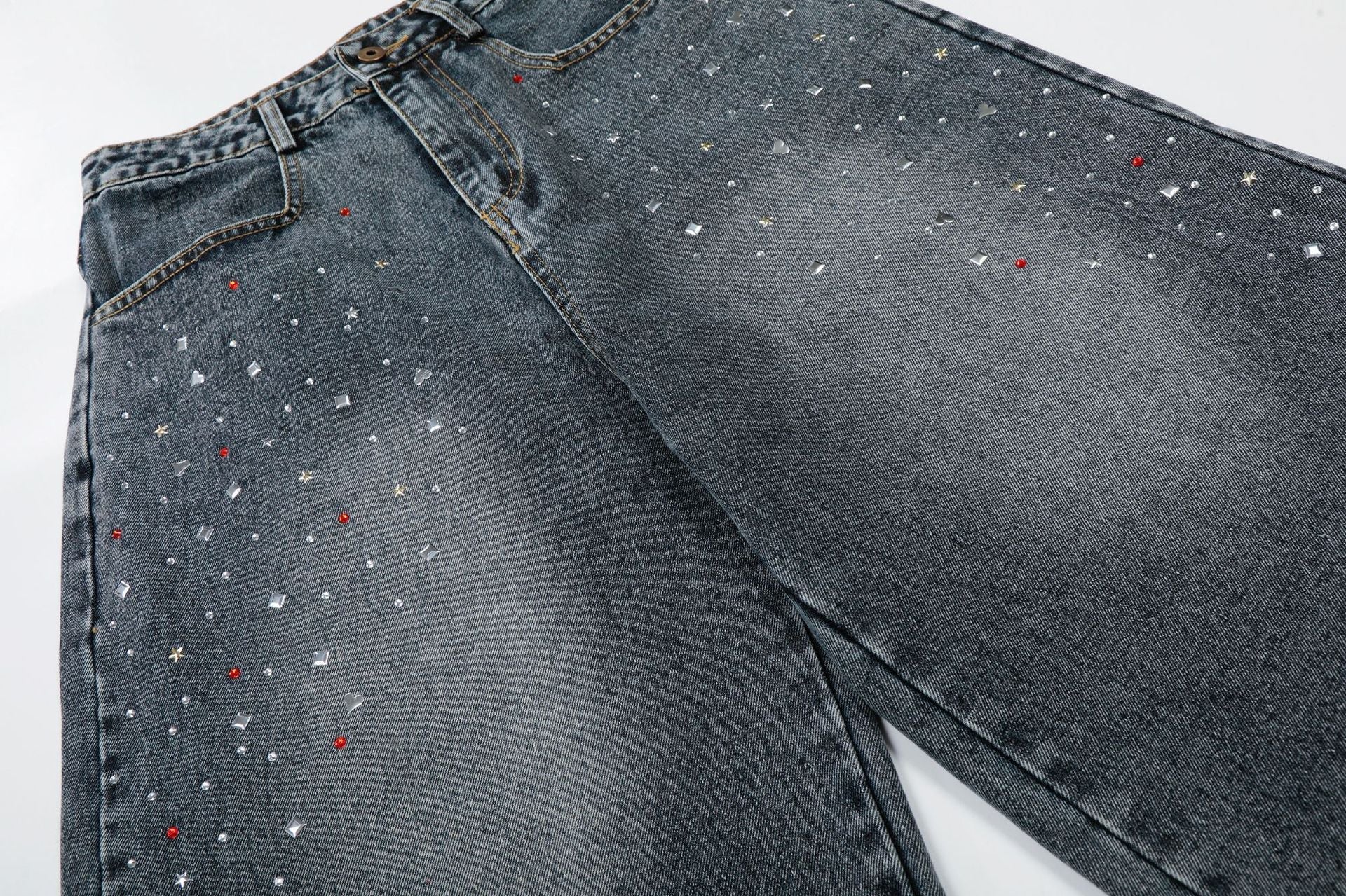 Washed Rhinestone Denim Wide Leg Jort