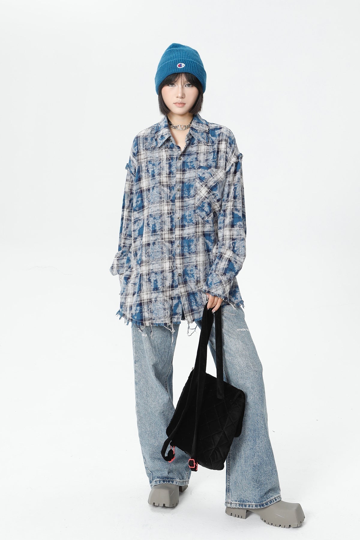 Plaid Washed Fringe Long Sleeve Shirt