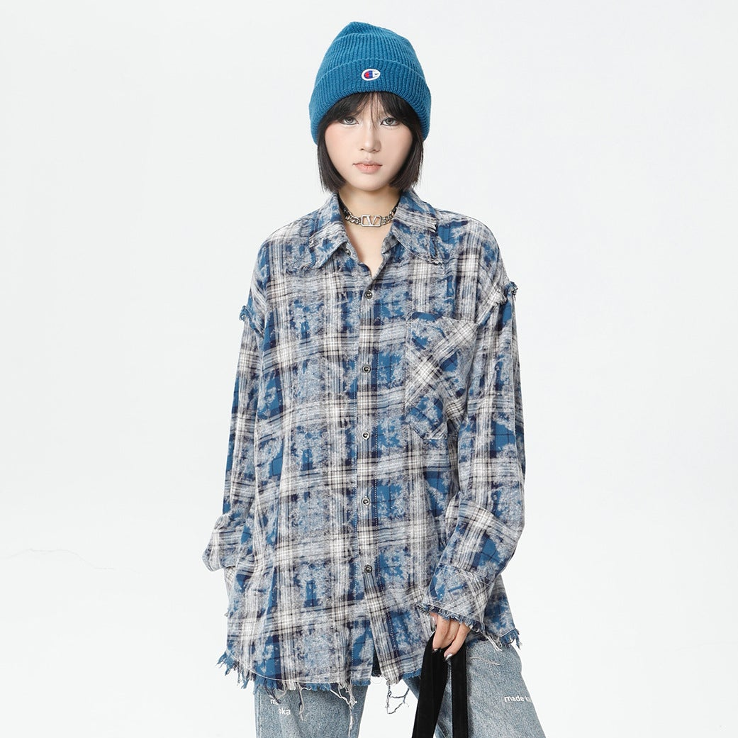 Plaid Washed Fringe Long Sleeve Shirt