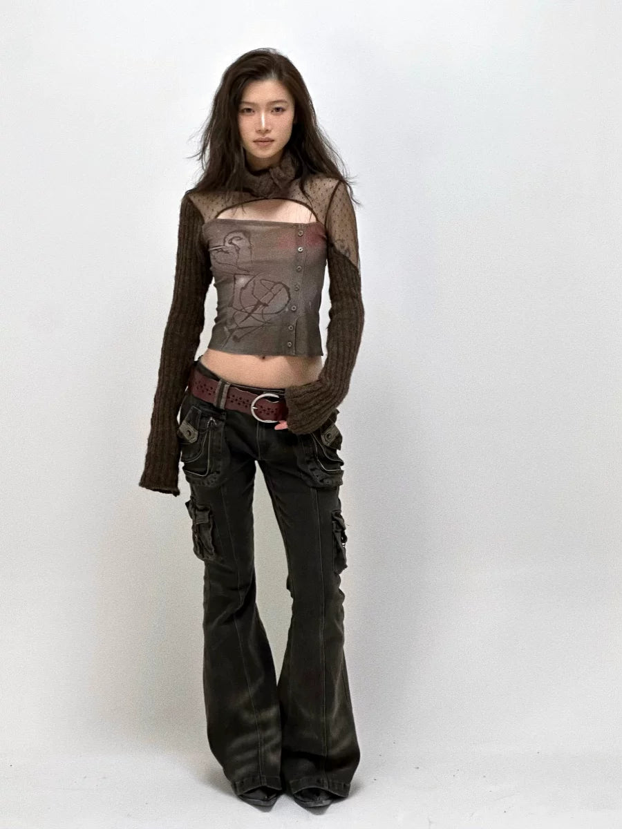 Multi-Pocket Stretch Flare Denim Pants