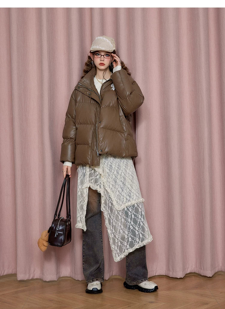 Fake PU Leather Stand Neck Lace Patchwork White Duck Down Jacket