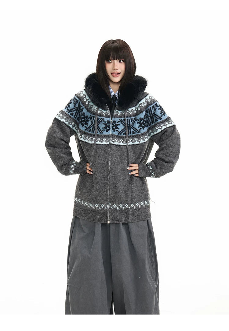 Fur Collar Fair Isle Hooded Knit Cardigan