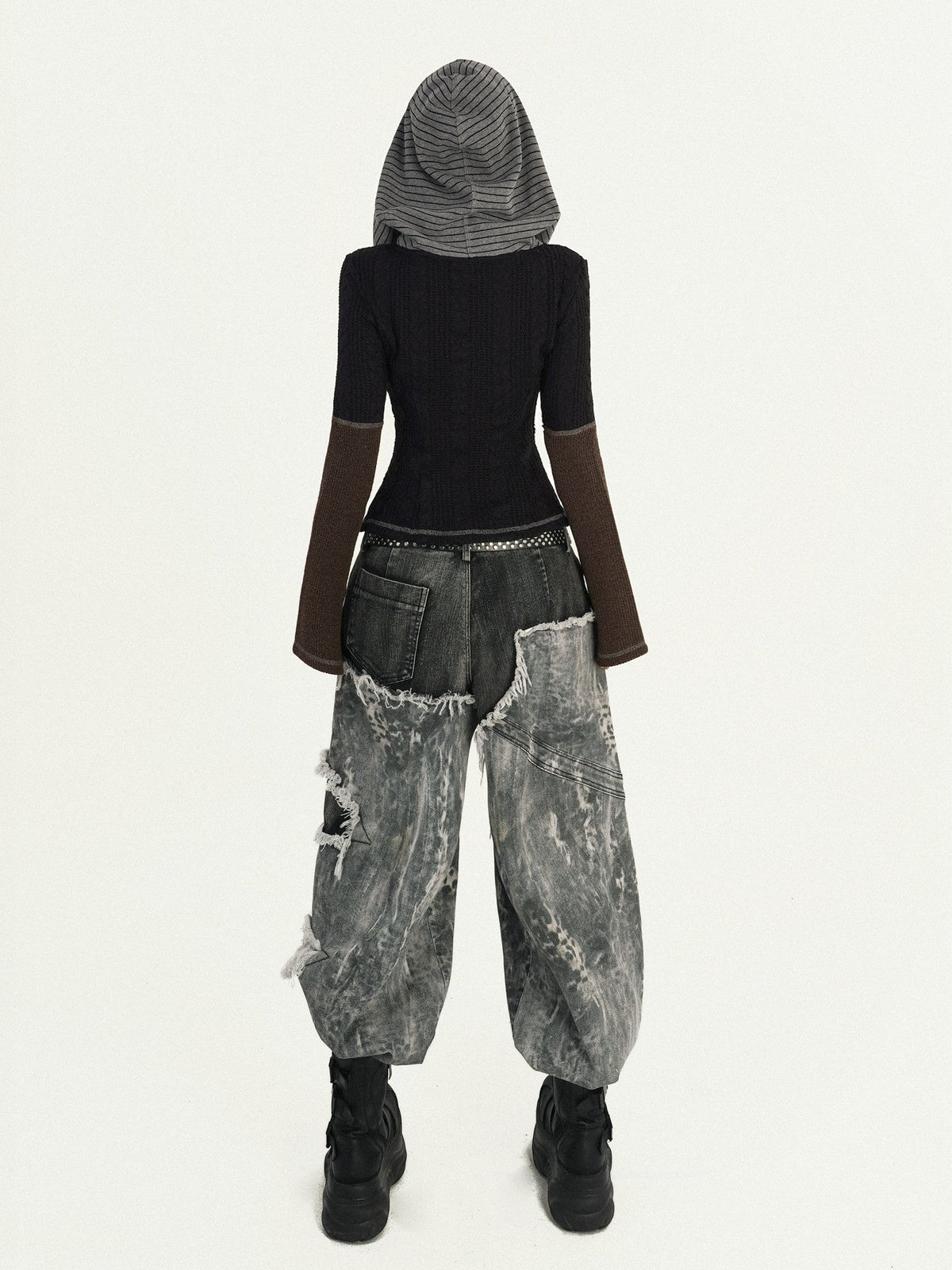 Fake Layered Heavy Craft Raw Hem Wide Leg Denim Jeans