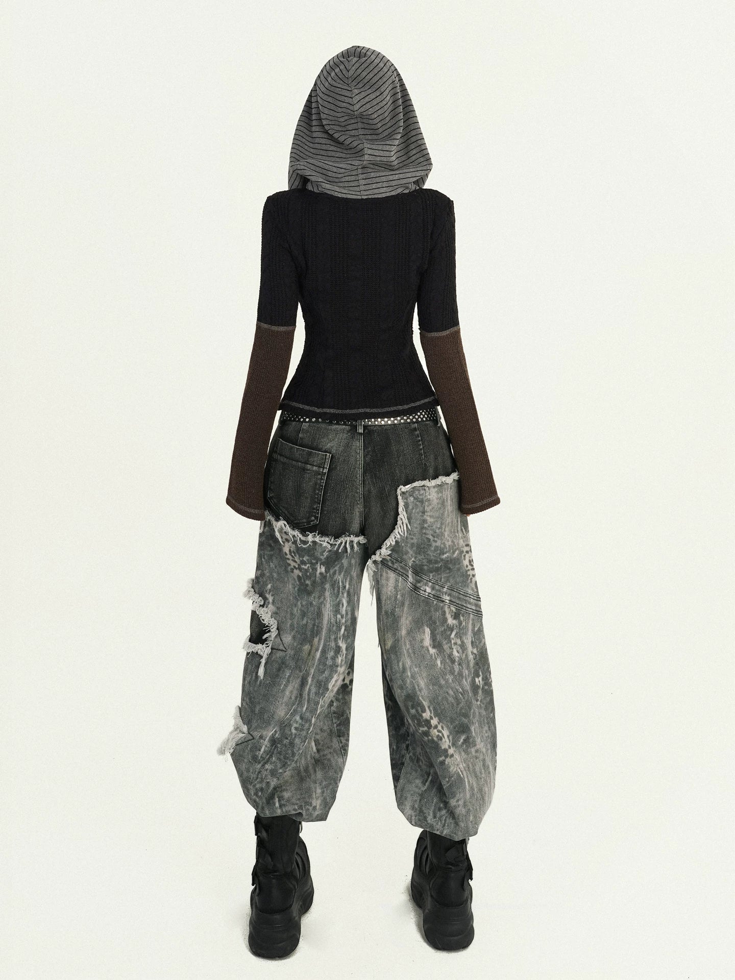 Fake Layered Heavy Craft Raw Hem Wide Leg Denim Jeans