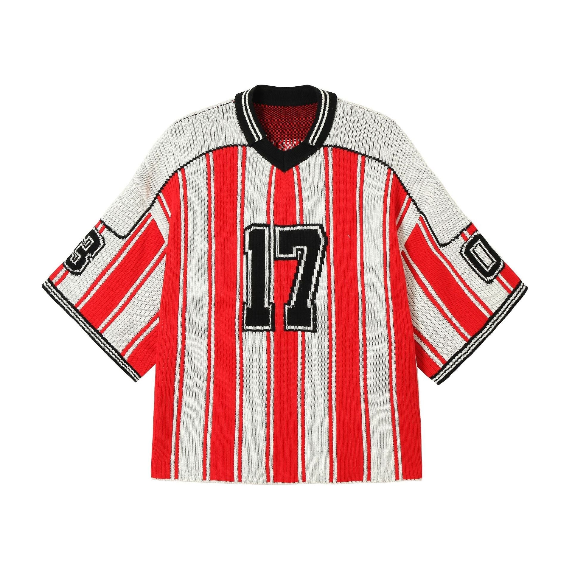 Number Stripe V-Neck Short Sleeve Knit T-shirt