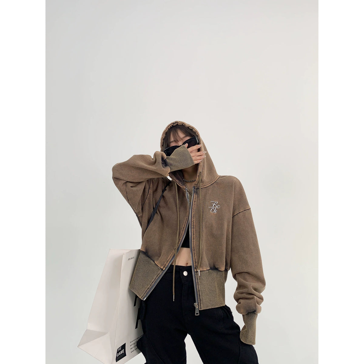 Logo Embroidery Zipper Short Hoodie