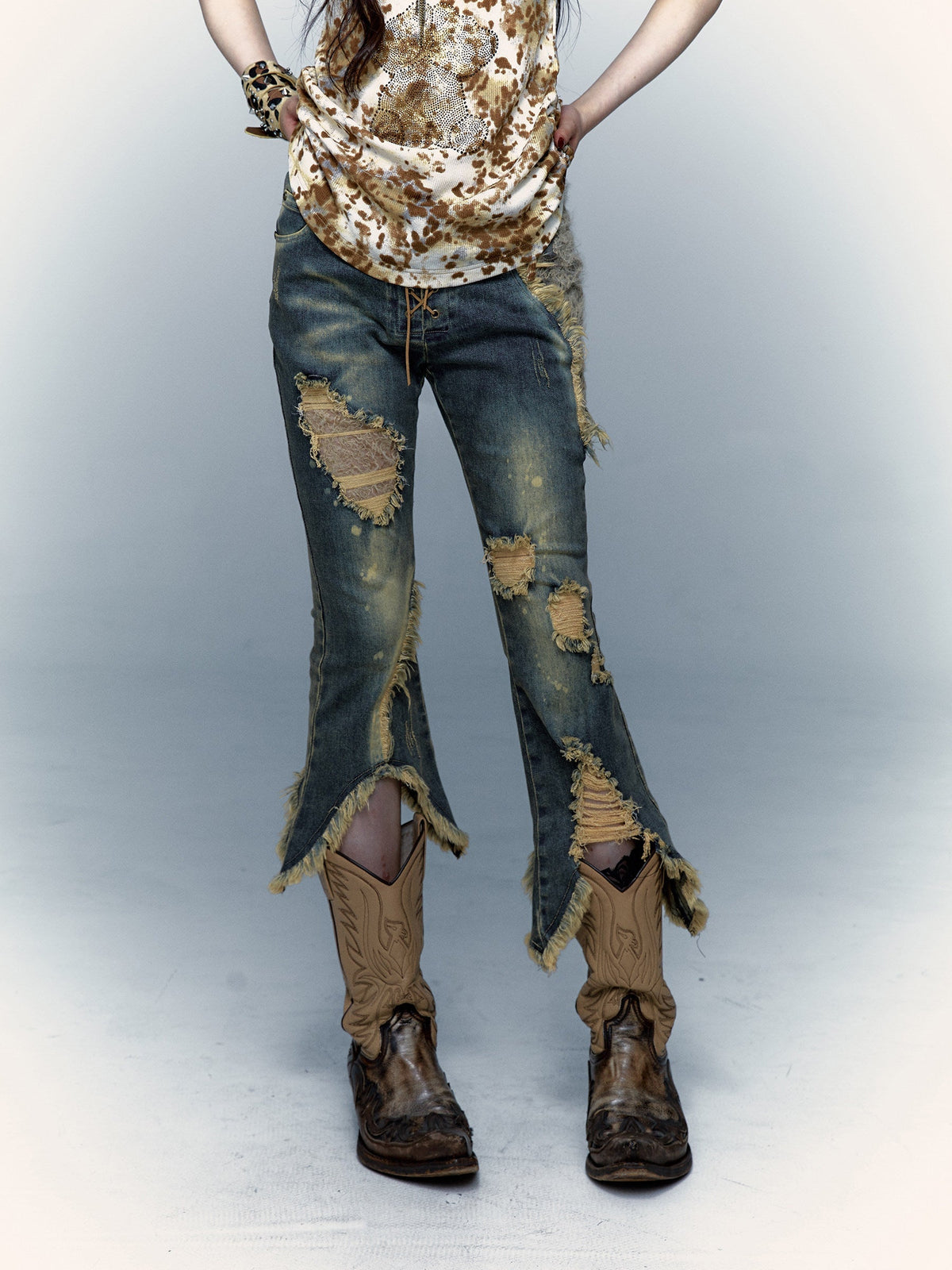 Damage Asymmetric Flare Denim Jeans
