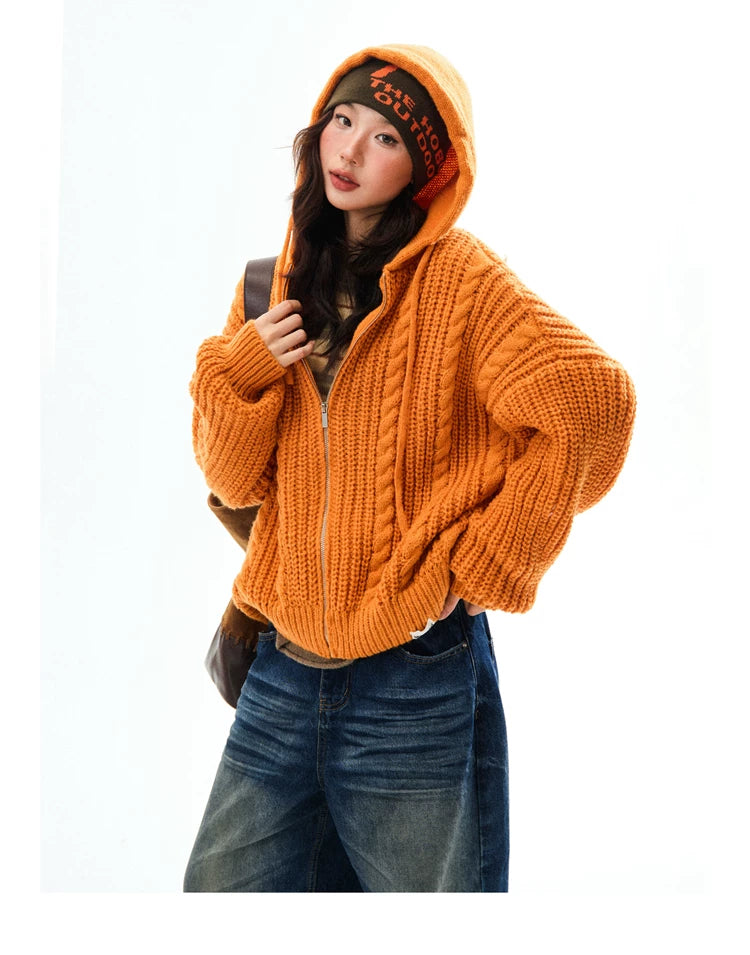 Chunky Knit Zipper Hooded Oversize Cardigan
