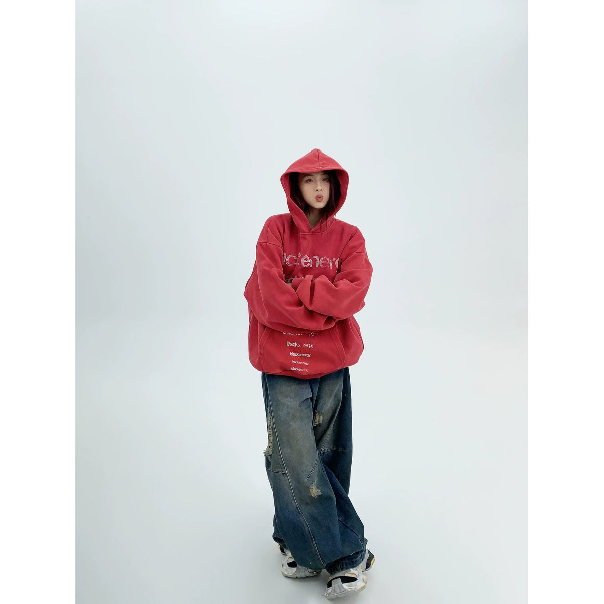 Sweat à capuche oversize délavé à motif lettré