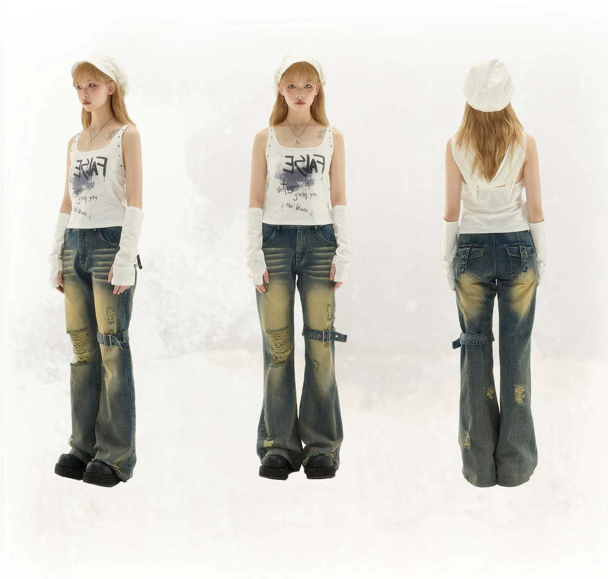 Washed Low-Waist Flare Denim Jeans & Short Skirt
