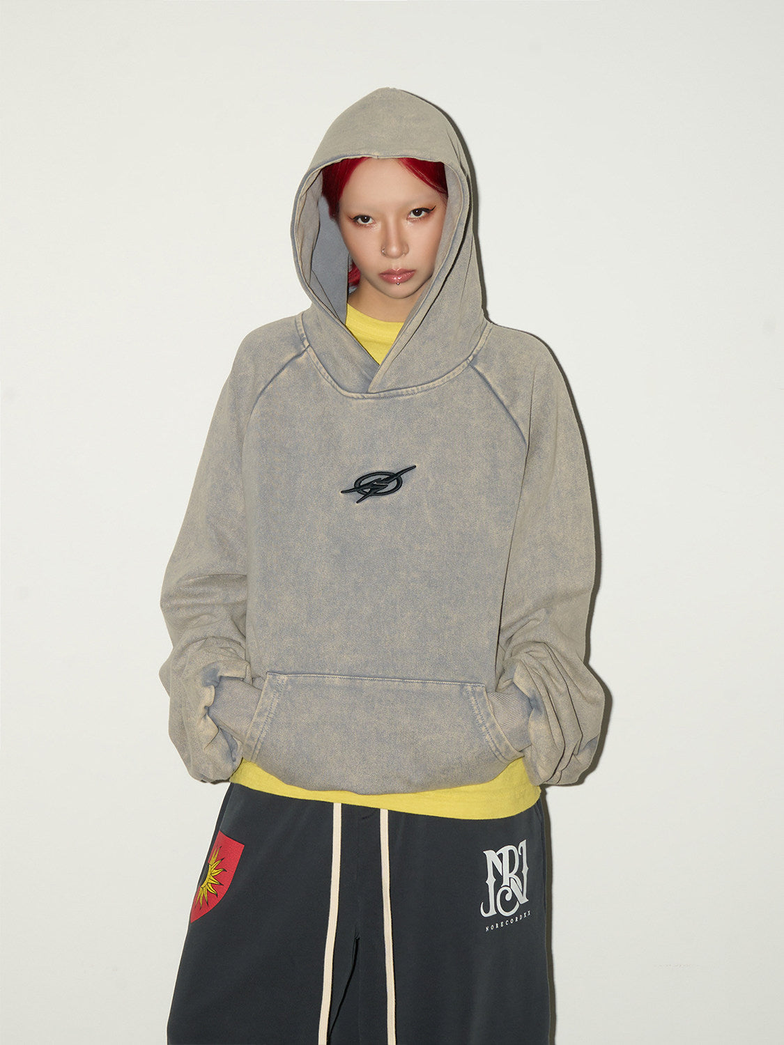 Washed Pleated Sleeve Oversize Pullover Hoodie