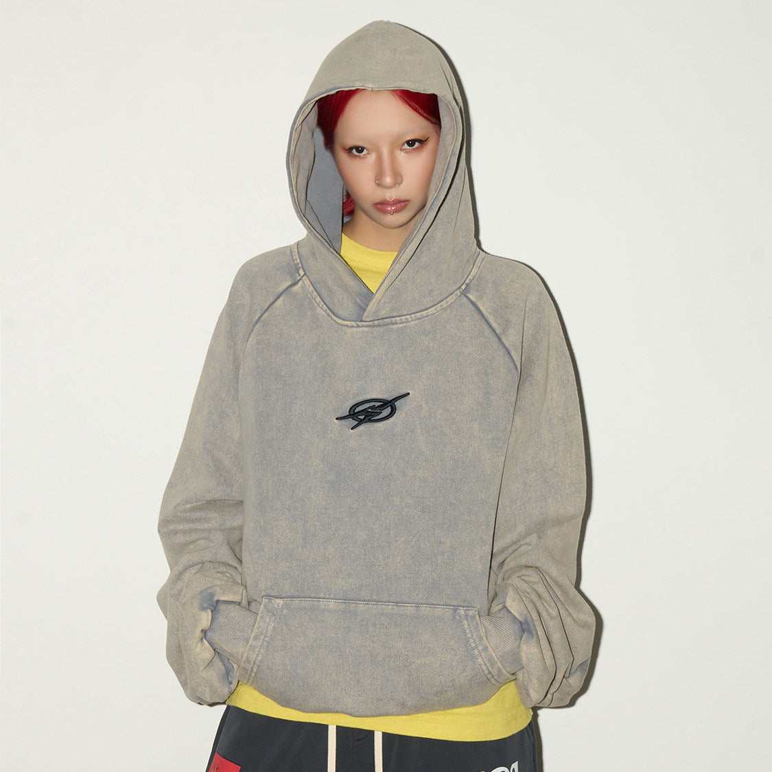 Washed Pleated Sleeve Oversize Pullover Hoodie