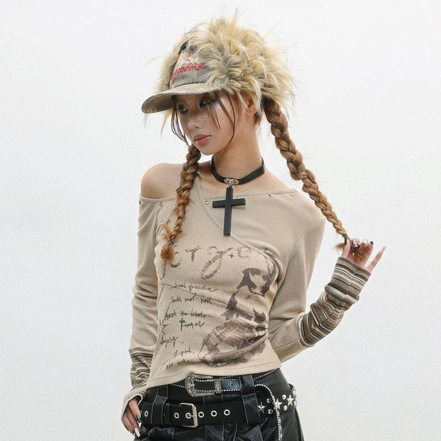 Off-Shoulder Patchwork Print Long Sleeve Knit T-Shirt