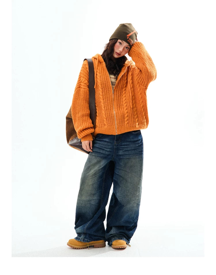 Chunky Knit Zipper Hooded Oversize Cardigan