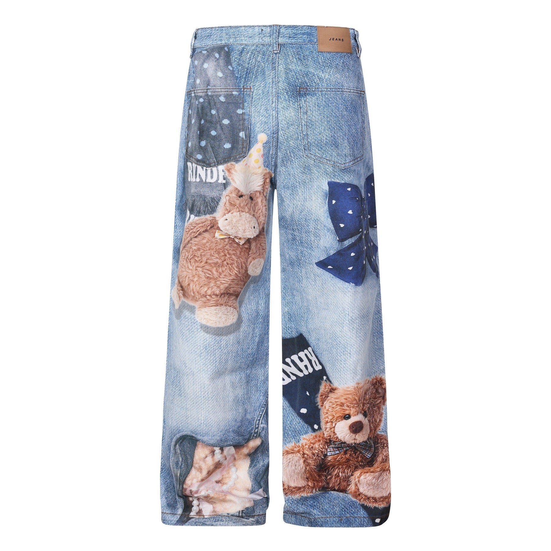 Washed 3D Character Print Wide Leg Denim Jeans