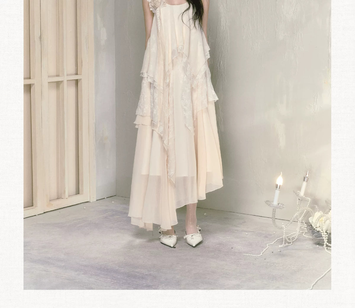 With Brooch Irregular Camisole Dress & Long Sleeve Shirt Setup
