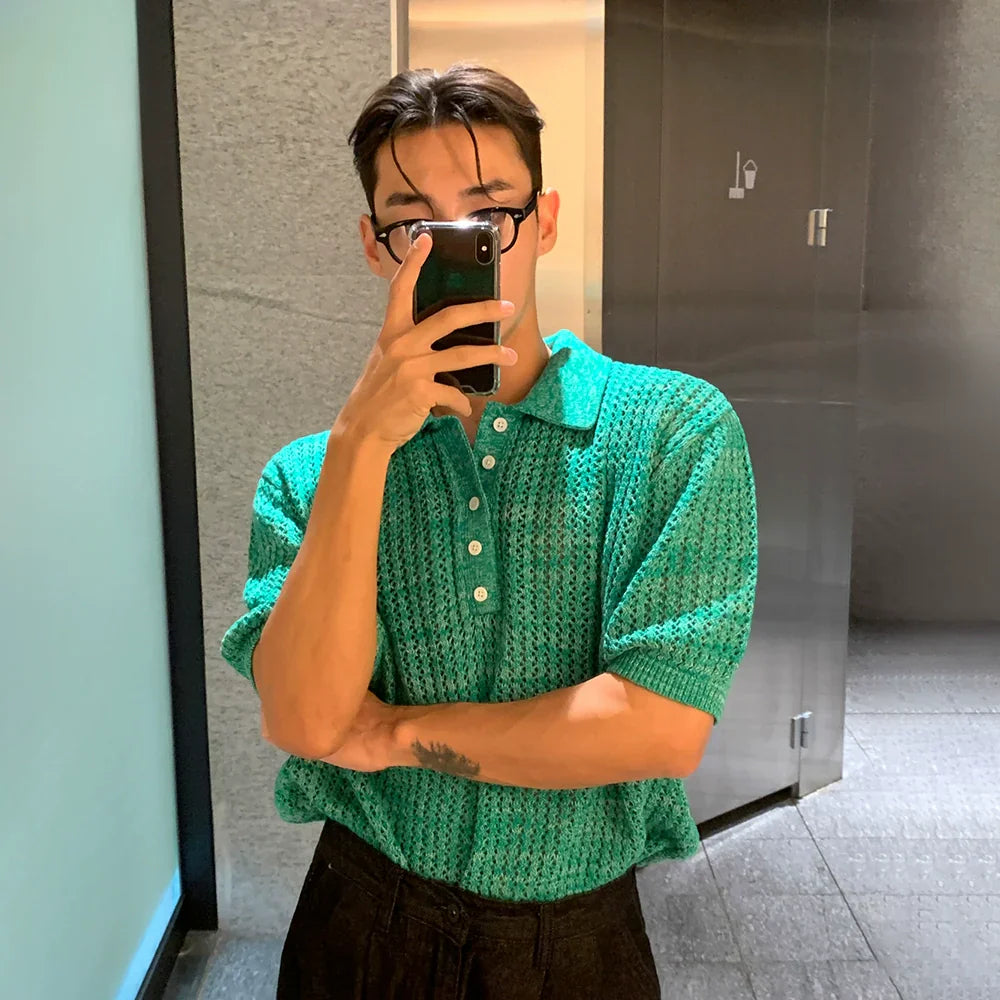 Hollow-Out Knit Short Sleeve Polo Shirt