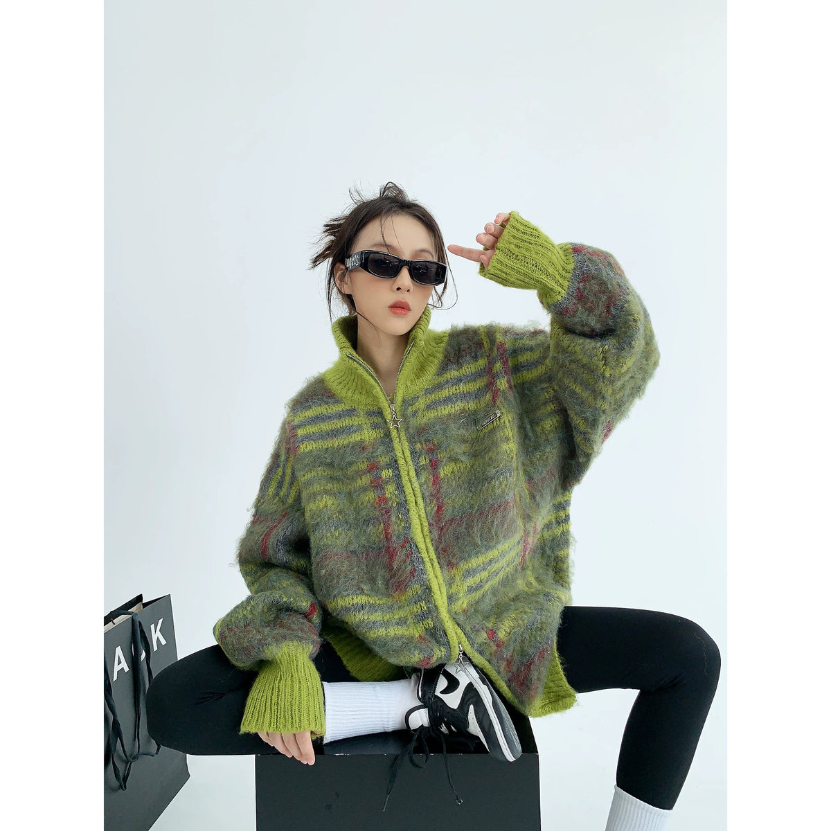 Oversized Double Zipper Knit Cardigan