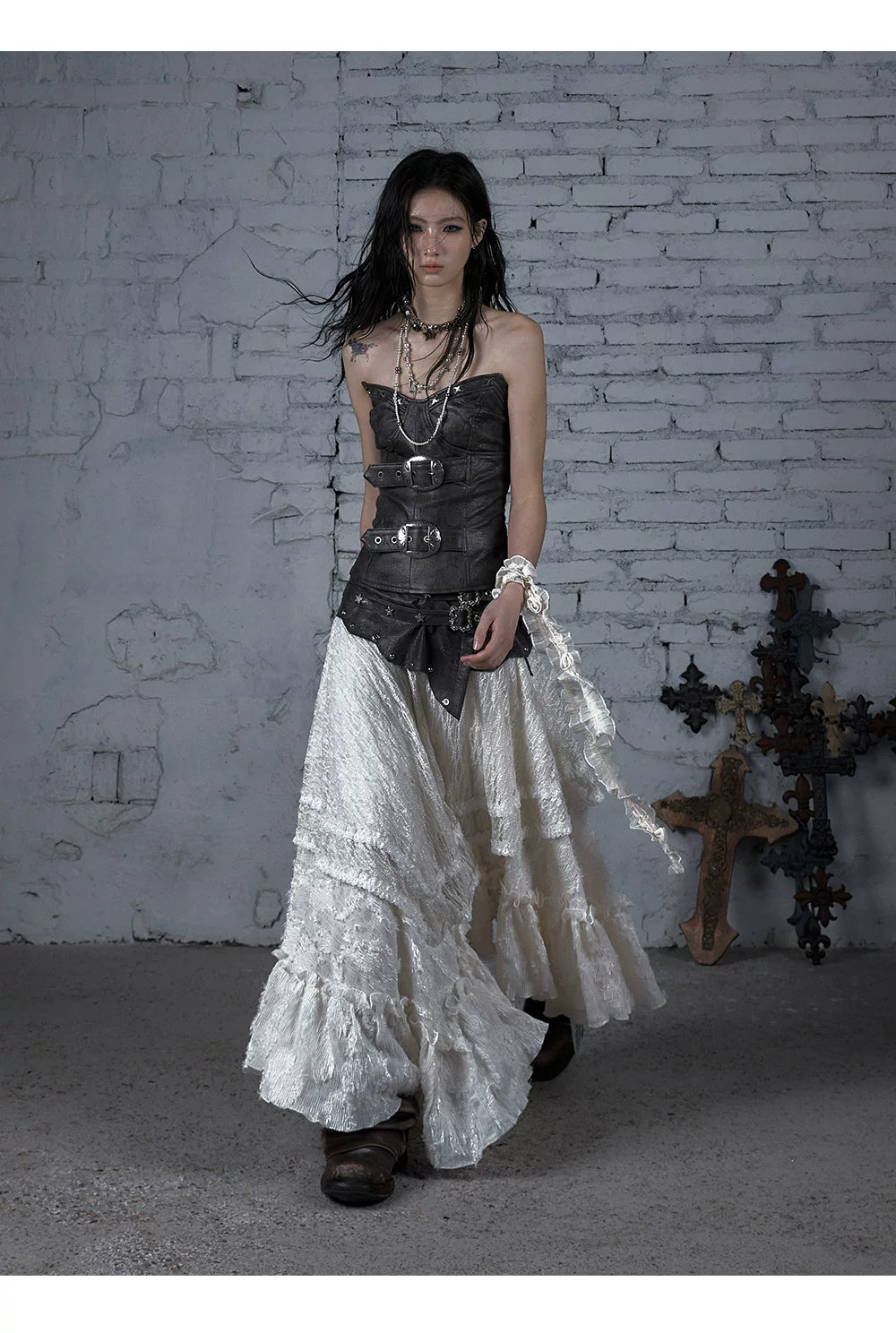 Asymmetric Lace Layered Belt Detail Skirt