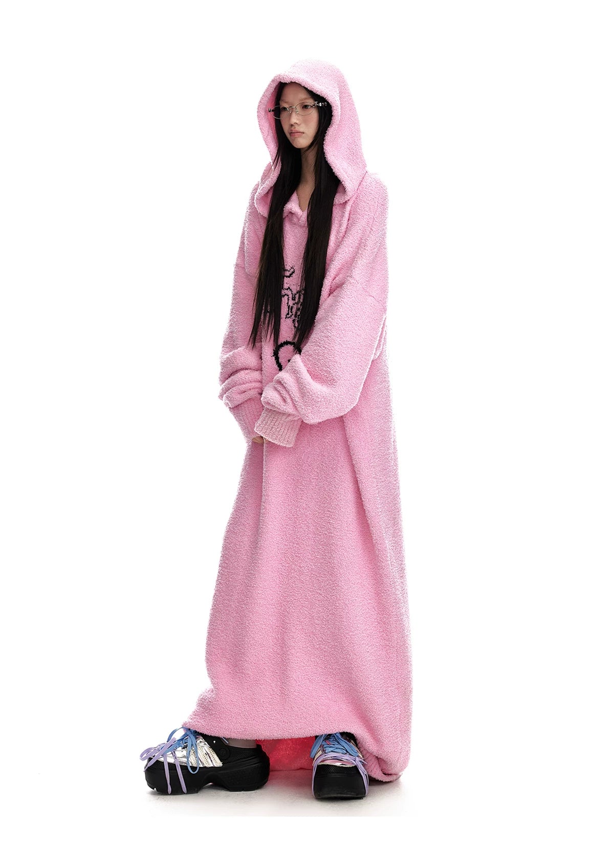 Fuzzy Hooded Knit Sweater Dress