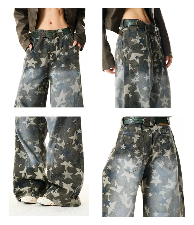 Star Print Damage Wide Leg Denim Jeans