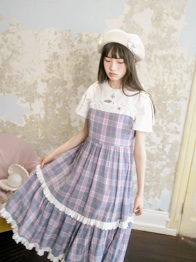 Bow Check Lace Camisole Dress