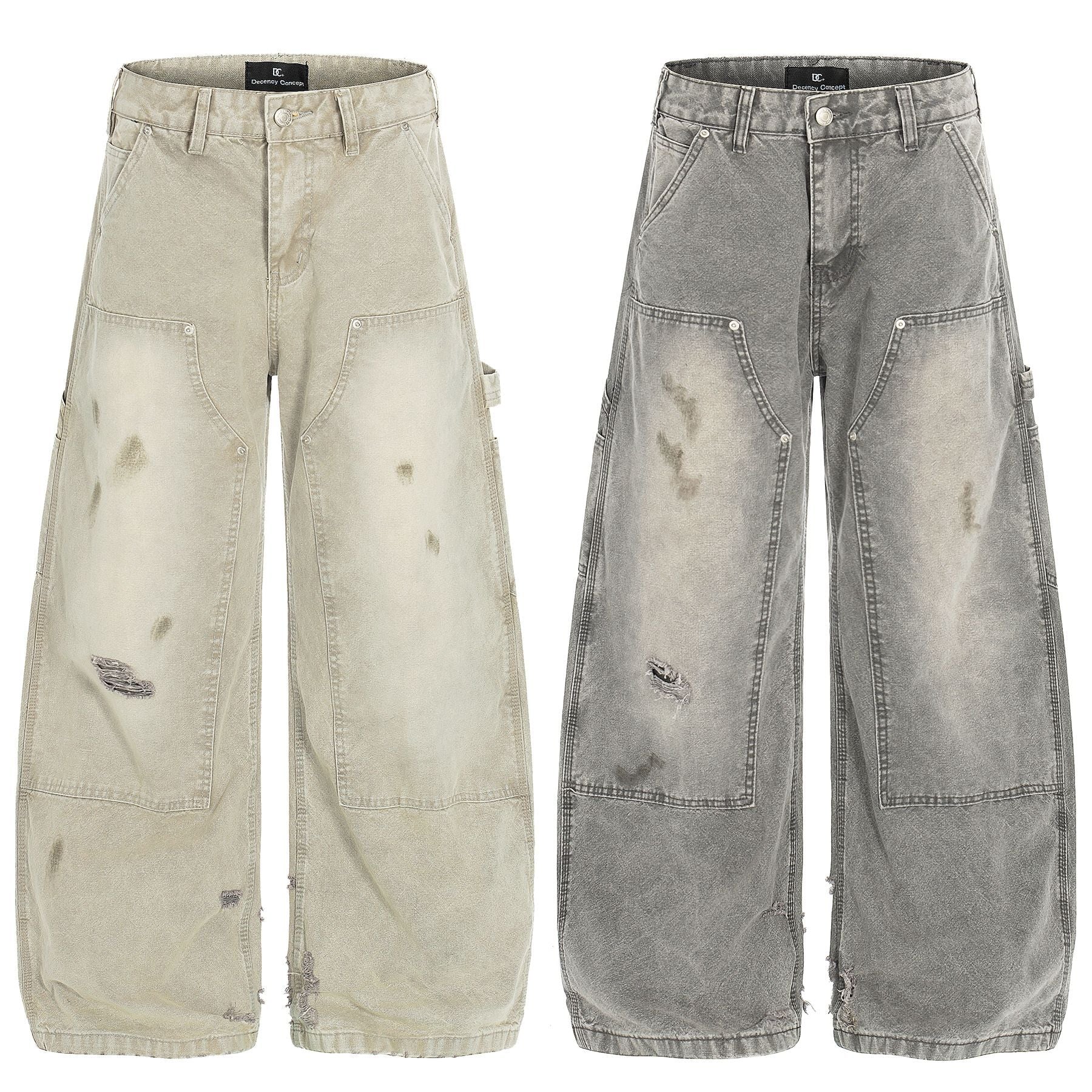Dirty Washed Damage Panel Wide Leg Denim Jeans