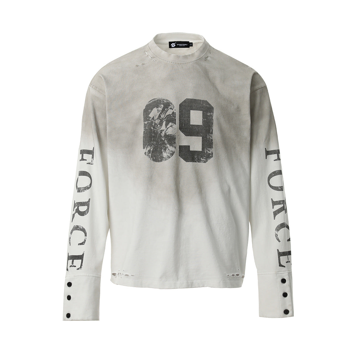 Washed Number Print Damage Long Sleeve T-Shirt