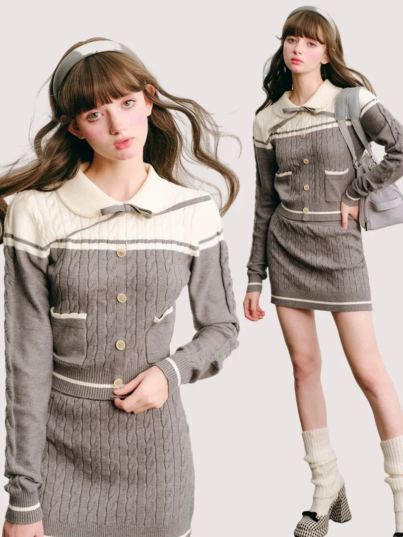 Bow Round Collar Knit Cardigan & Knit Short Skirt Setup
