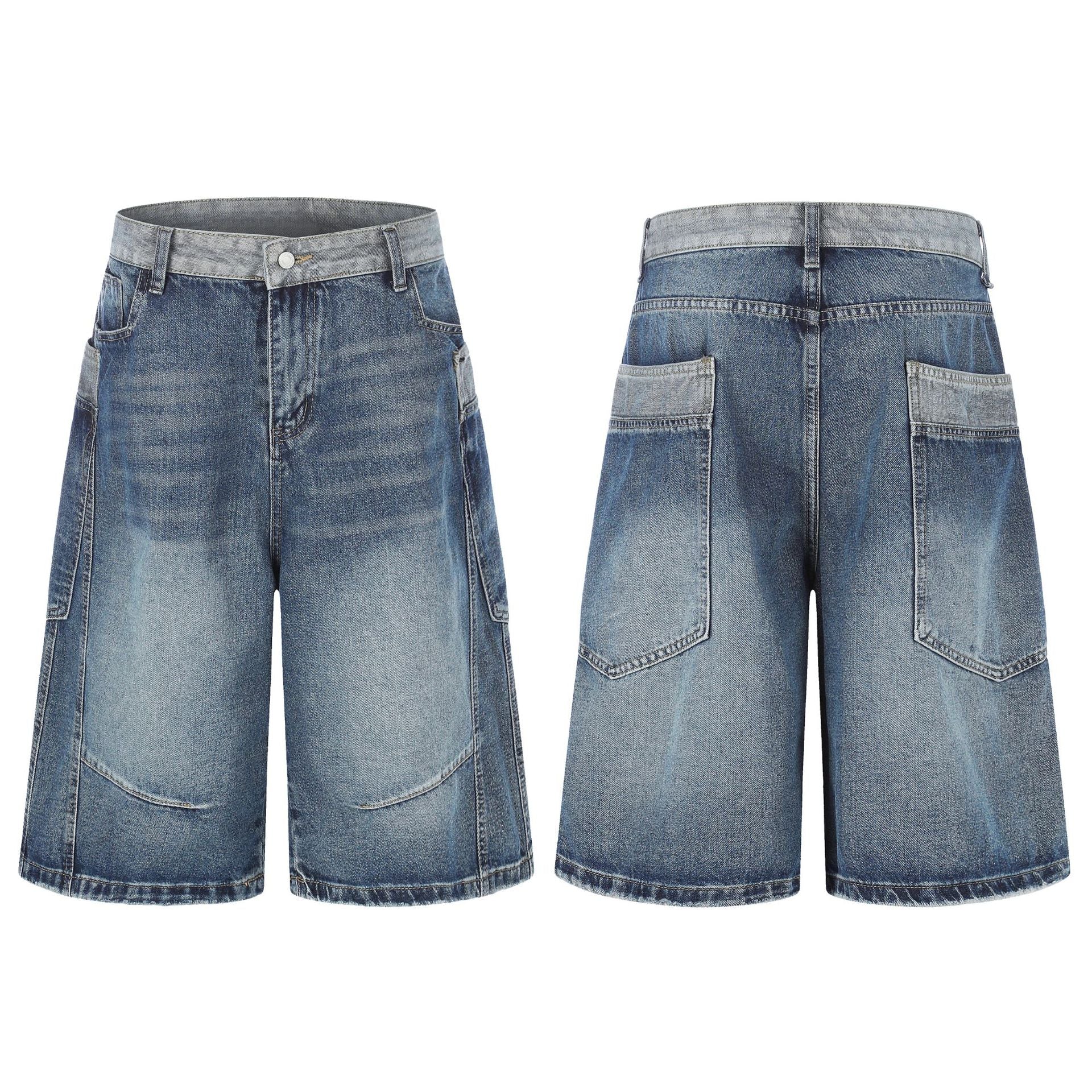 Color Block Washed Wide Leg Denim Jort
