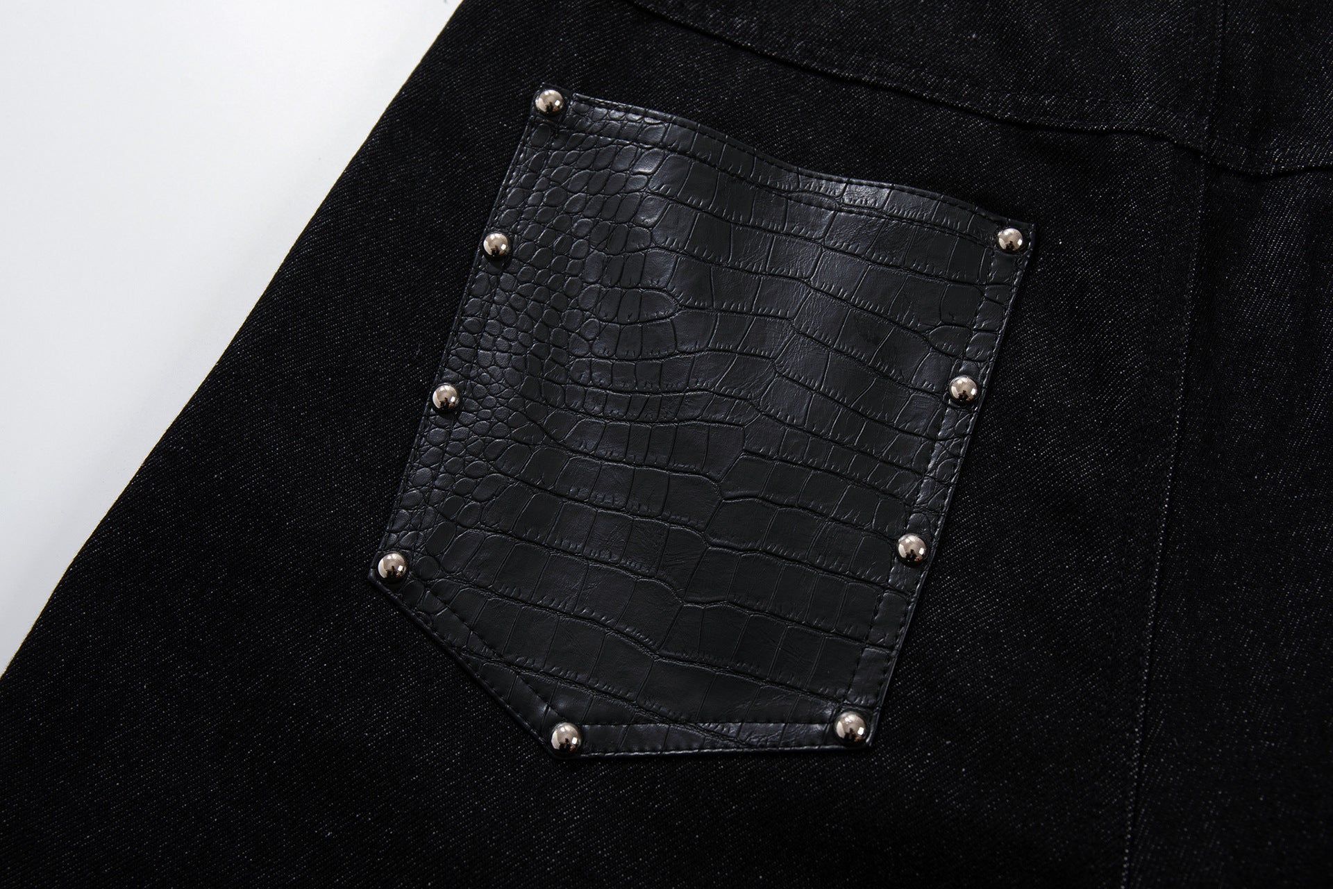 Studs PU Leather Panel Wide Leg Denim Jeans