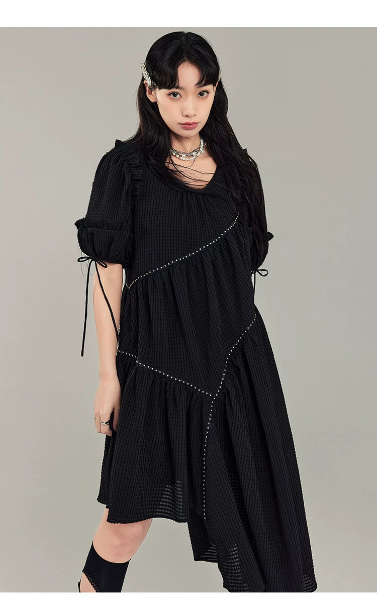 Jacquard Design Short Sleeve Dress With Irregular Hem Length
