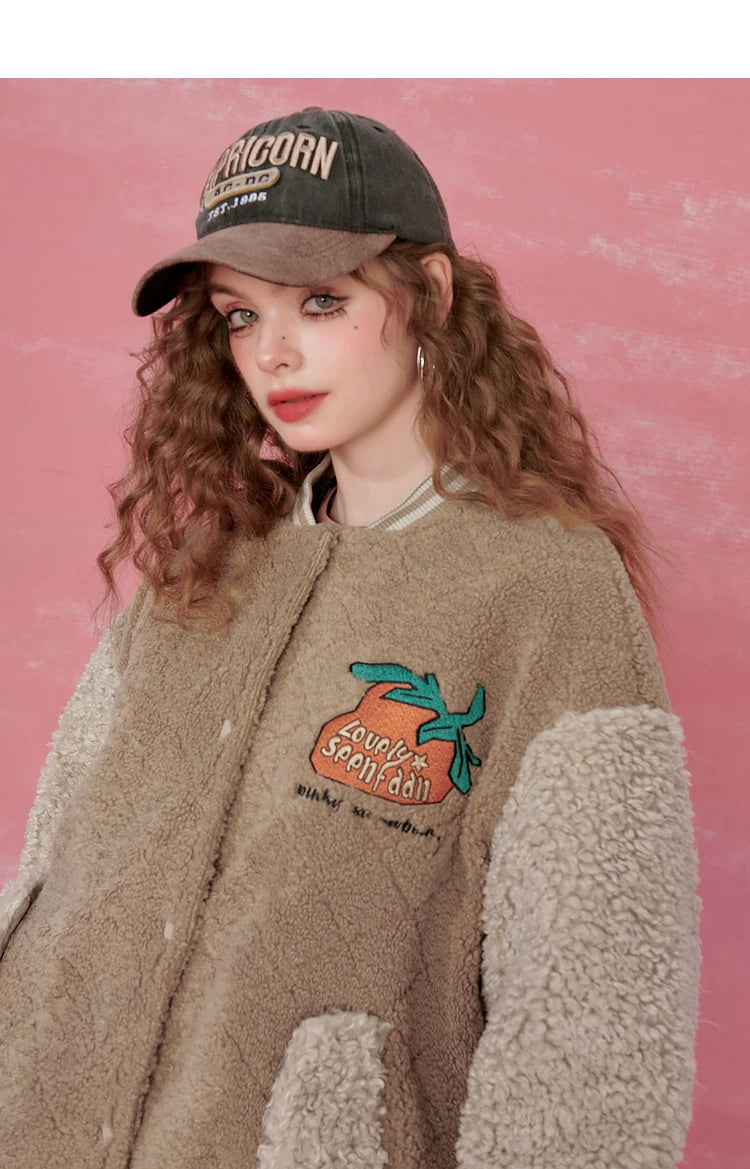 Colorblock Embroidery Fleece-Lined Baseball Jacket