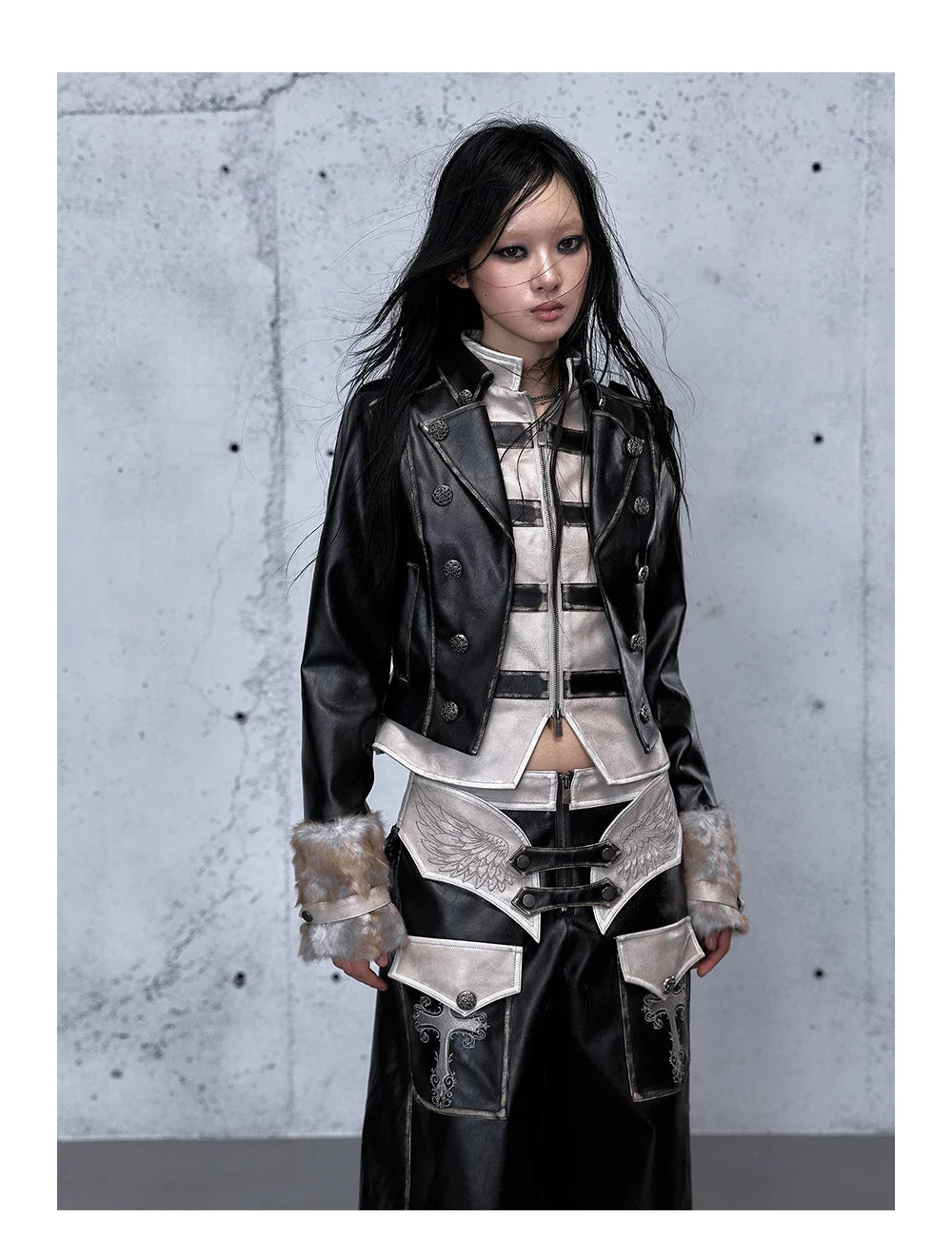 Standing-Collar Belt Detail Fake Fur Cuff PU Leather Jacket