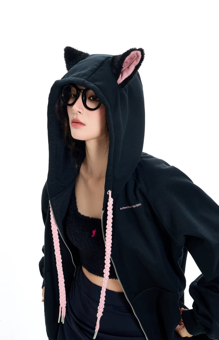 Ear Fleece Oversize Zipper Hoodie