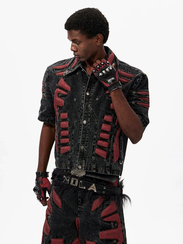 Graphic Patchwork Washed Short Sleeve Denim Jacket & Washed Denim Short Setup