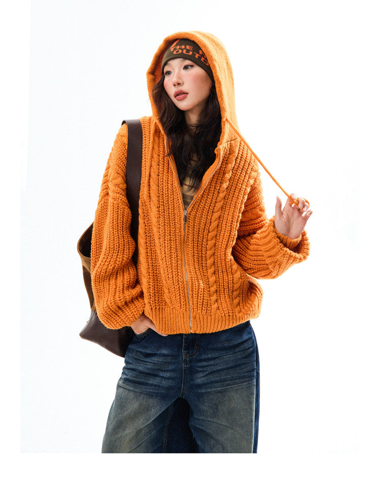 Chunky Knit Zipper Hooded Oversize Cardigan