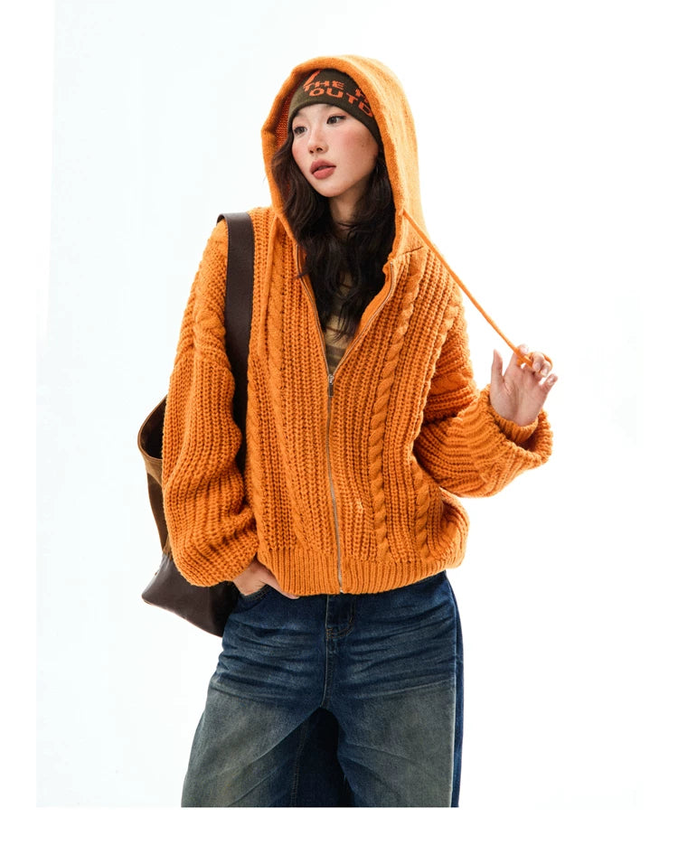 Chunky Knit Zipper Hooded Oversize Cardigan