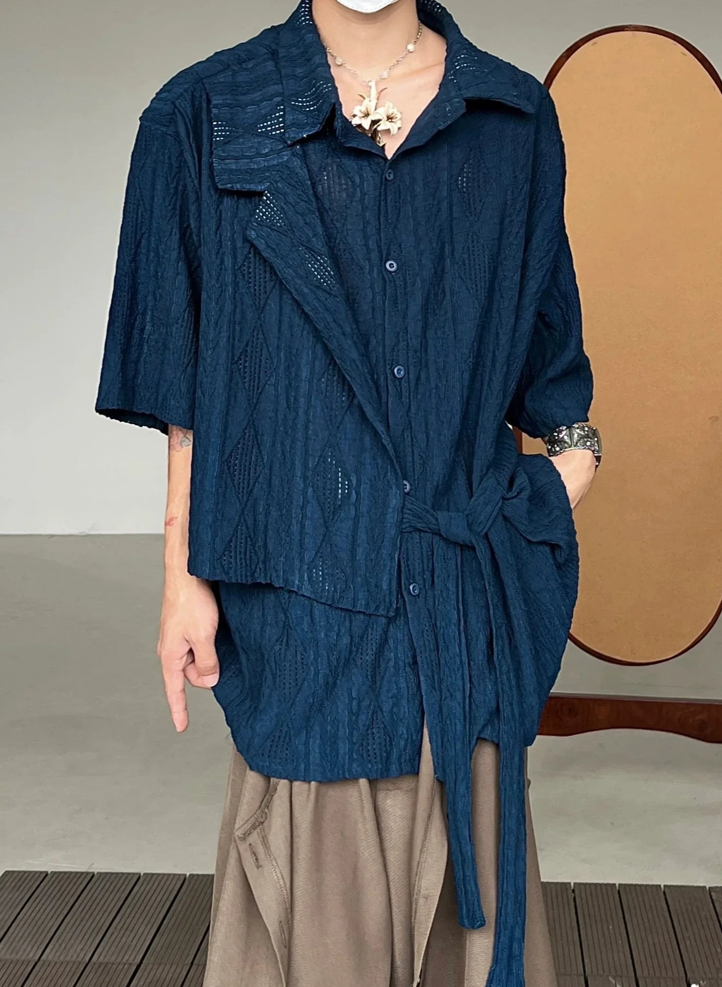 Jacquard Hollow Patchwork Texture Short Sleeve Shirt
