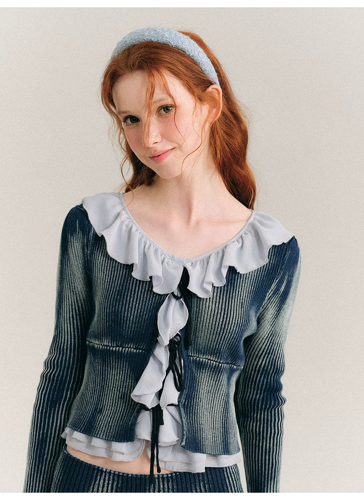 Frill Knit Cardigan & Short Rib Knit Skirt Setup