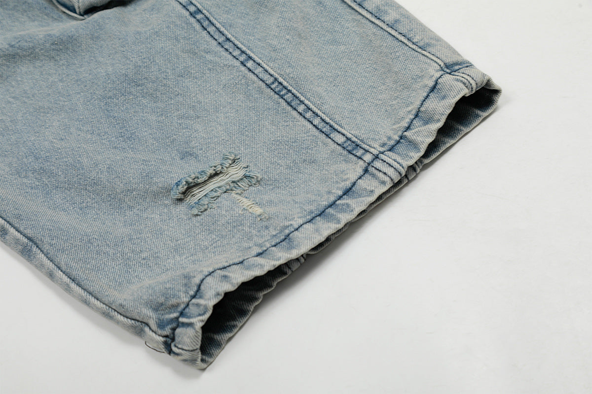 Washed Curved Multi Pocket Wide Leg Cargo Denim Jeans