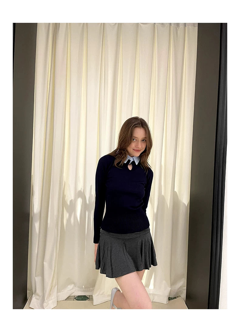 Collar Knit Sweater & Pleats Short Skirt Setup