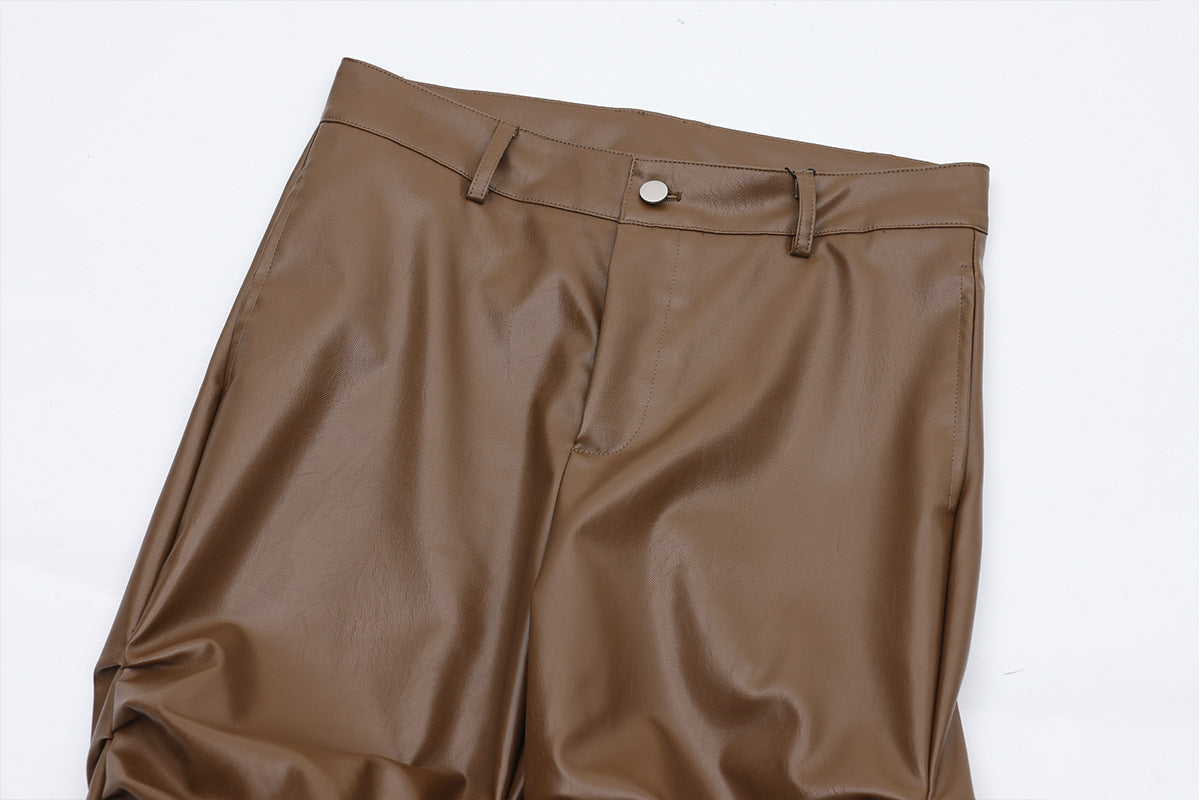PU Leather Pleats Straight Pants