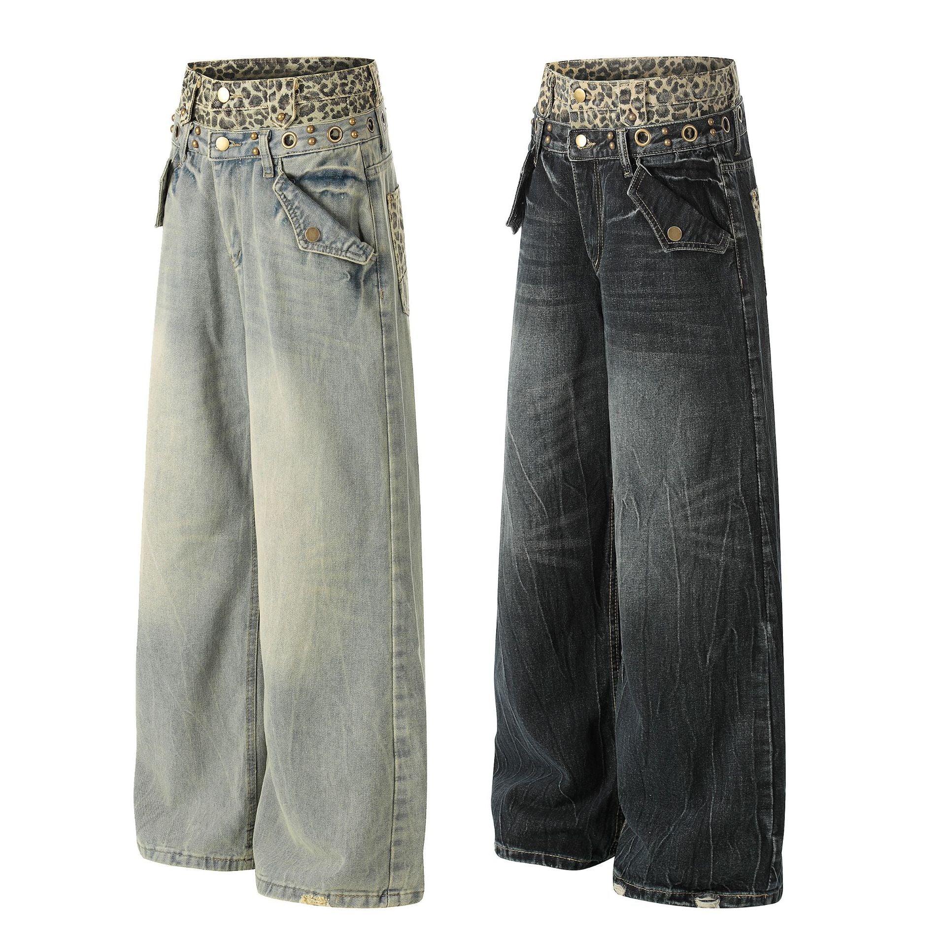Leopard Waistband Washed Whisker Wide Leg Denim Jeans