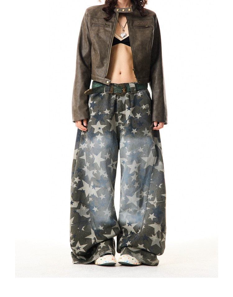 Star Print Damage Wide Leg Denim Jeans