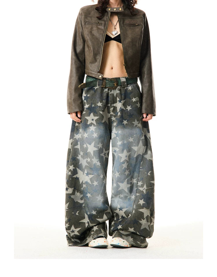 Star Print Damage Wide Leg Denim Jeans