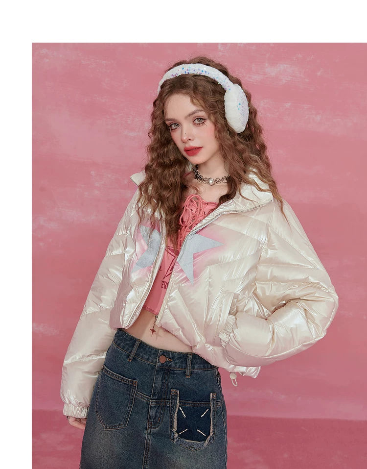 Star-Stitch Stand Neck Short White Duck Down Jacket